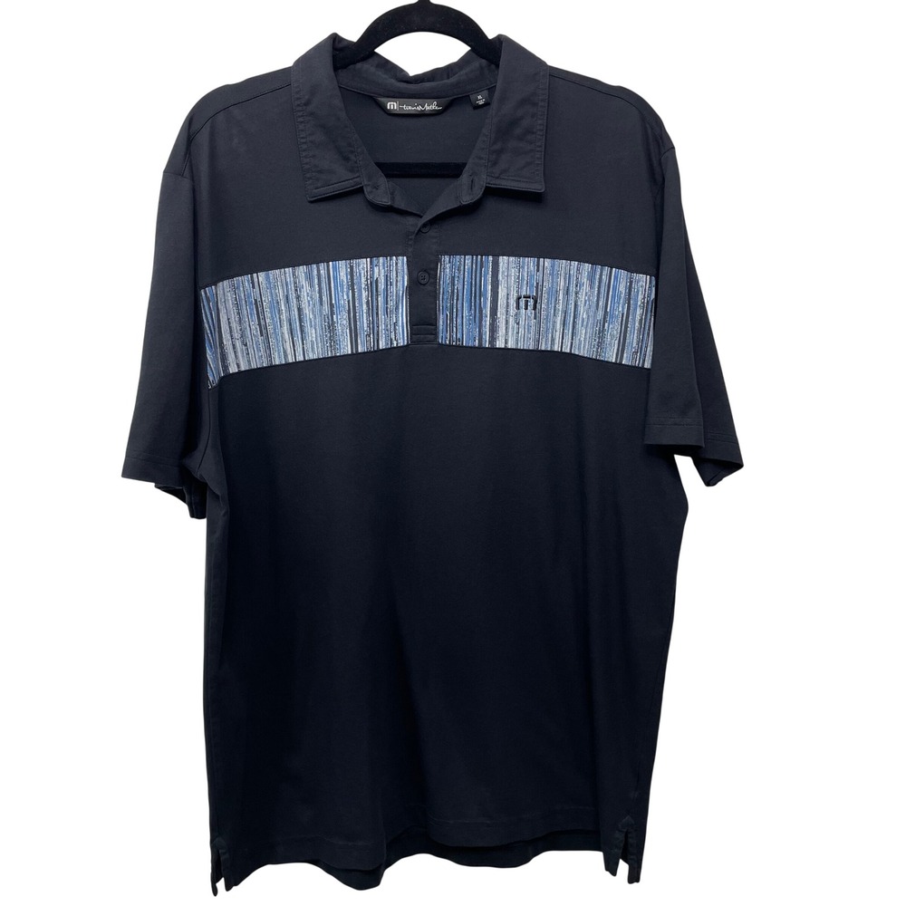 Travis‎ Mathew Mens XL Polo Shirt Black Blue Striped Chest Performance Golf Prep